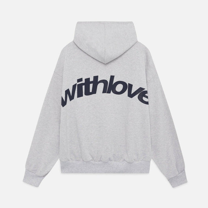 Women's hooded pullover with long sleeves and large back text graphic