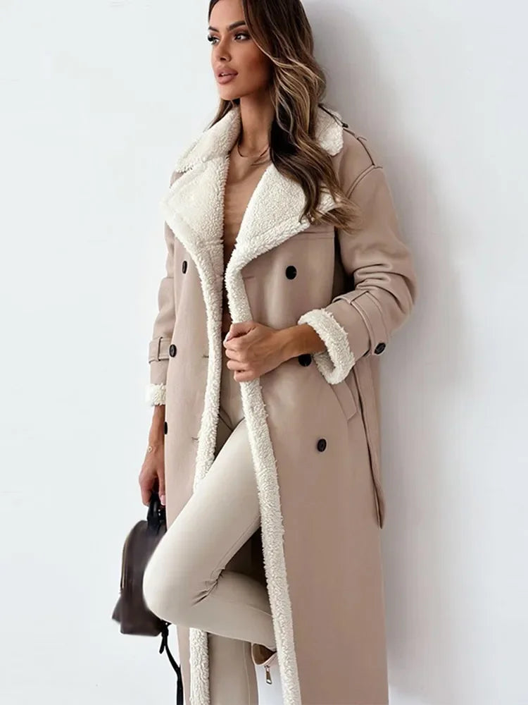 Women's long coat with plush collar and button front