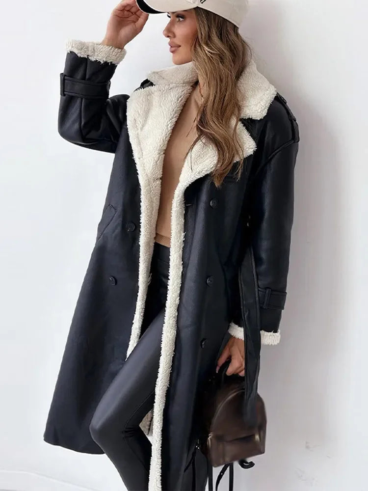 Women's long coat with plush collar and button front