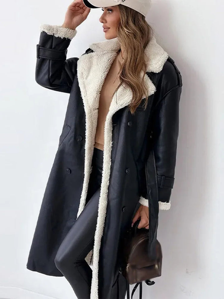 Women's long coat with plush collar and button front