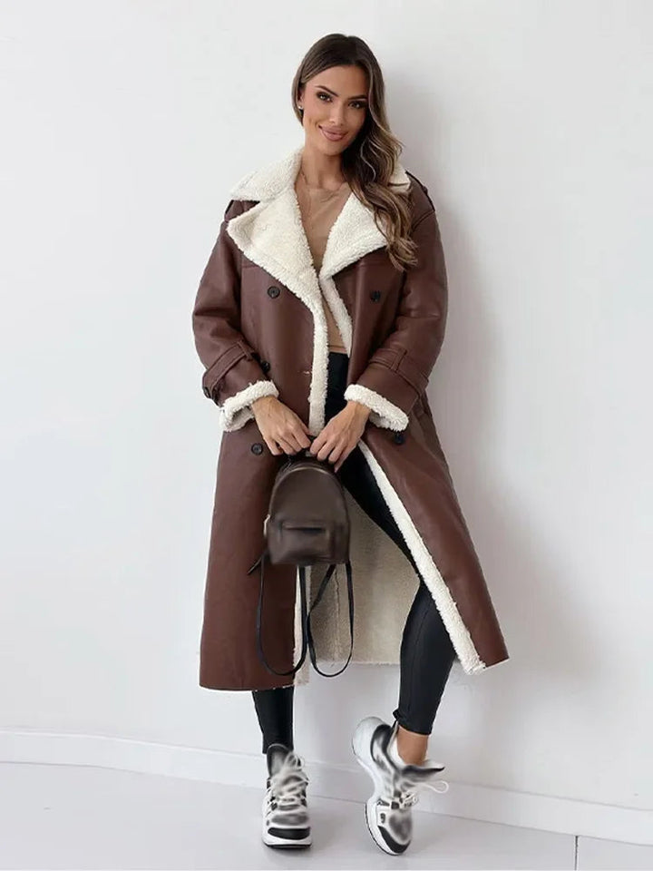 Women's long coat with plush collar and button front