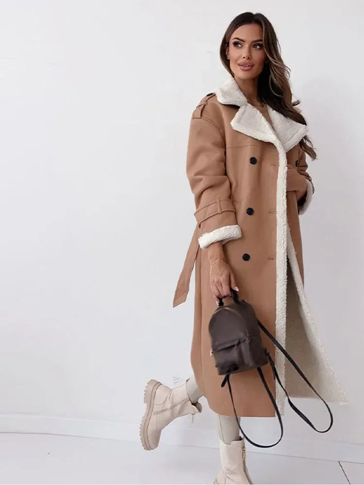 Women's long coat with plush collar and button front