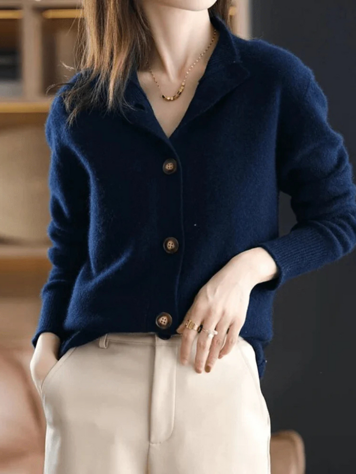 Women's button front cardigan with mock neck and long sleeves