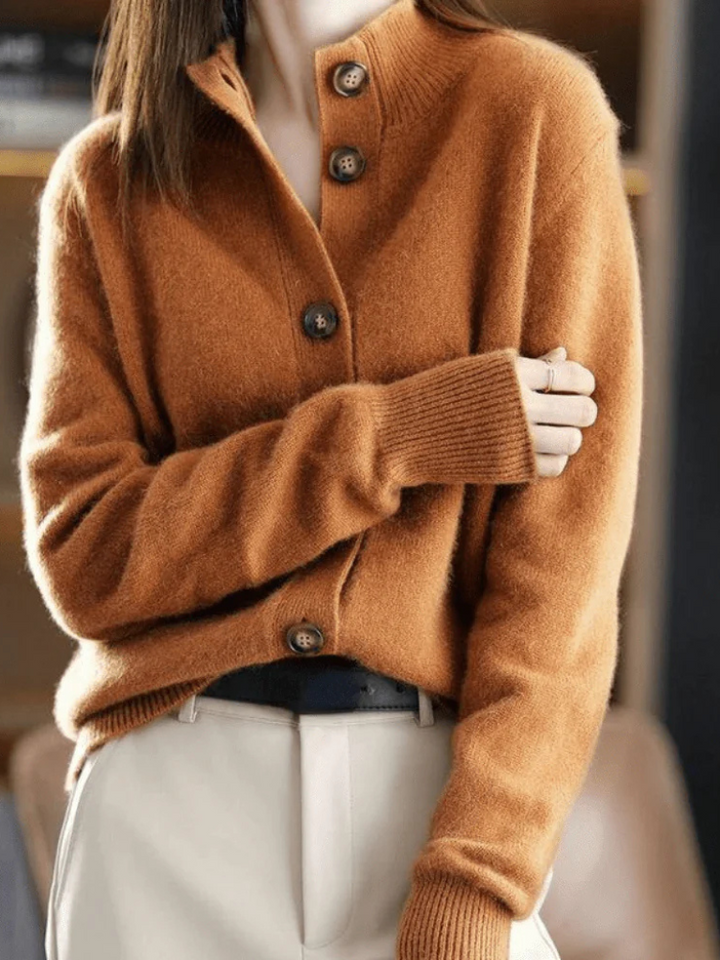 Women's button front cardigan with mock neck and long sleeves