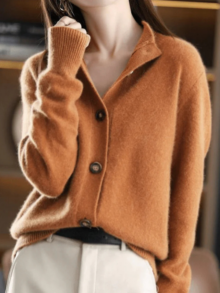 Women's button front cardigan with mock neck and long sleeves