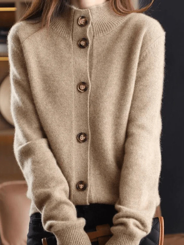 Women's button front cardigan with mock neck and long sleeves