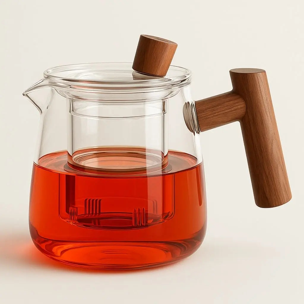 Clear glass teapot with central infuser and wood-effect handle
