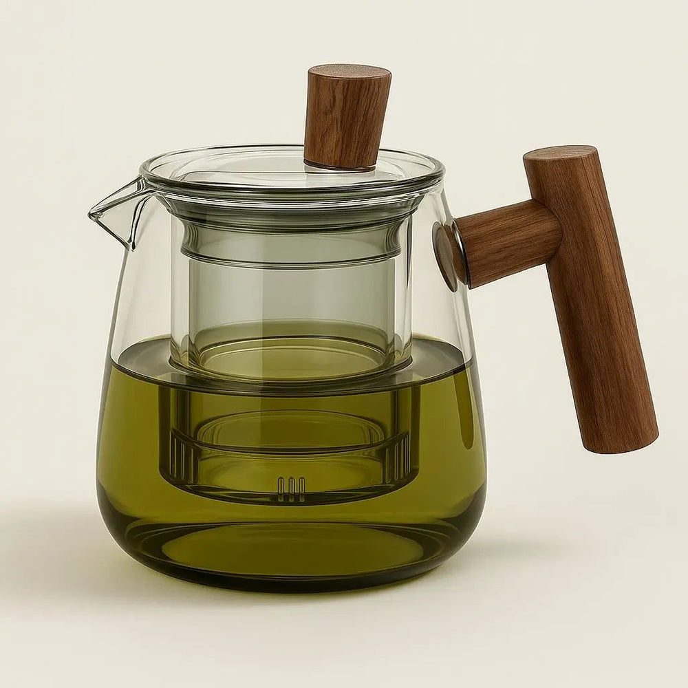 Clear glass teapot with central infuser and wood-effect handle