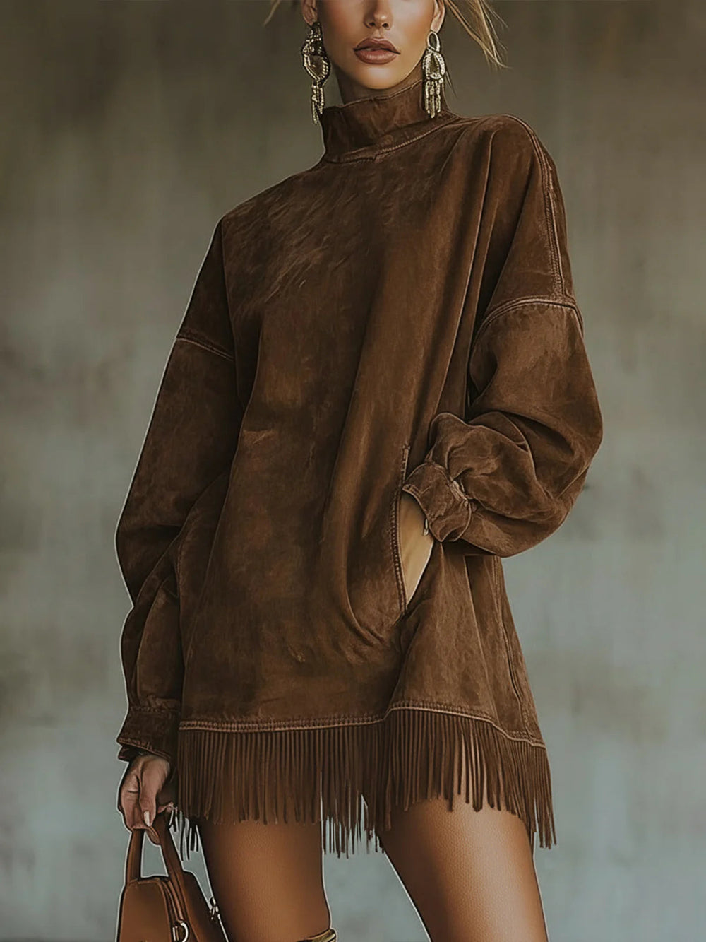 Women's faux suede turtleneck mini dress with long sleeves and fringe hem