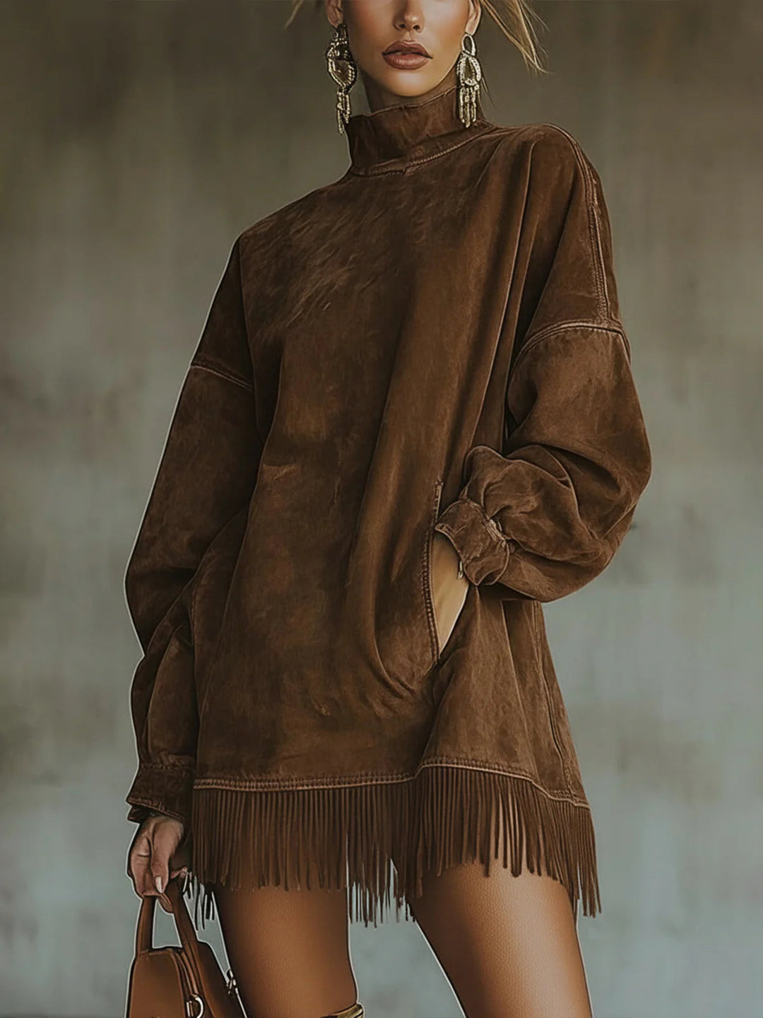 Women's faux suede turtleneck mini dress with long sleeves and fringe hem