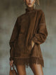 Women's faux suede turtleneck mini dress with long sleeves and fringe hem