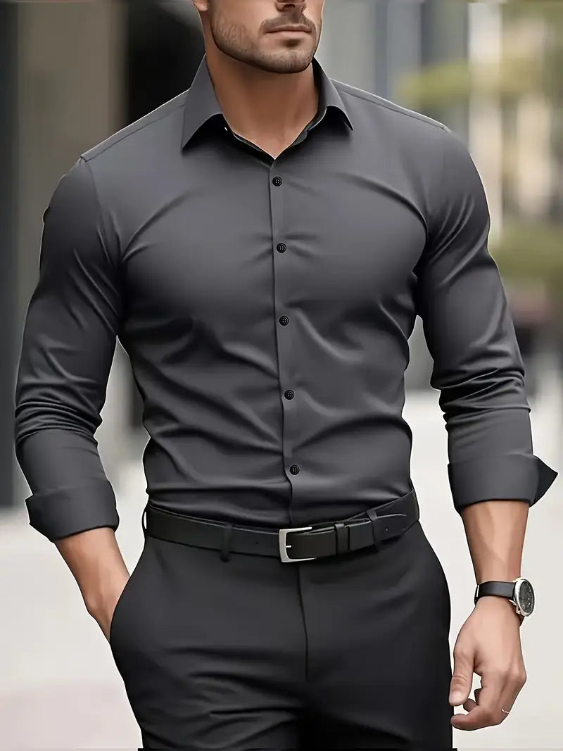 Men's slim fit long-sleeve button-up shirt with pointed collar
