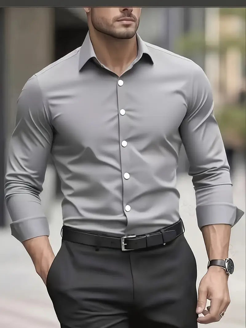 Men's slim fit long-sleeve button-up shirt with pointed collar