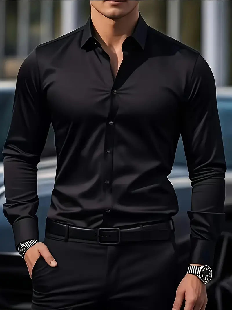 Men's slim fit long-sleeve button-up shirt with pointed collar
