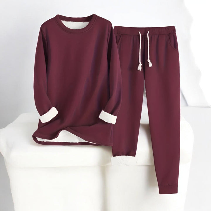Women's two-piece lounge set with long-sleeve crew neck top and drawstring trousers