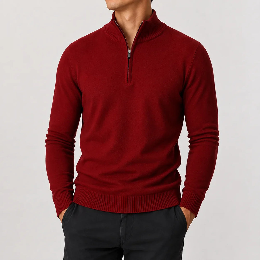 Men's long-sleeve zip-up mock neck sweater with ribbed trims