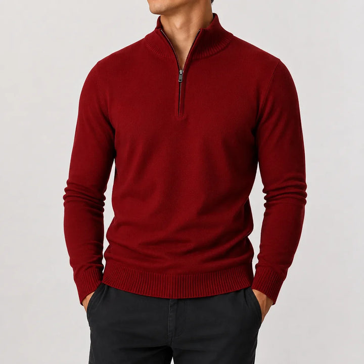 Men's long-sleeve zip-up mock neck sweater with ribbed trims