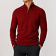 Men's long-sleeve zip-up mock neck sweater with ribbed trims