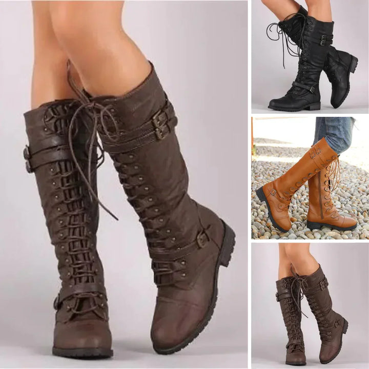 Women's knee-high lace-up boots with buckle straps and low heels