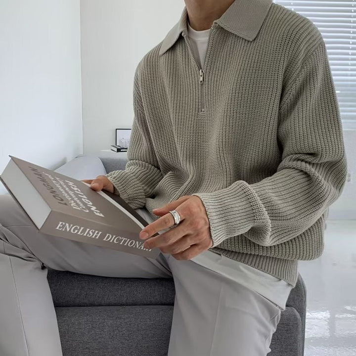 Men's textured quarter-zip collared sweater with long sleeves and ribbed trims