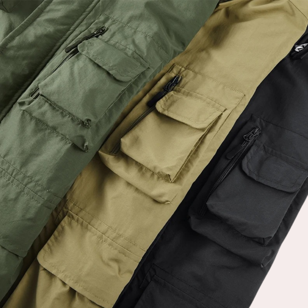 Hooded utility parka with multiple front pockets