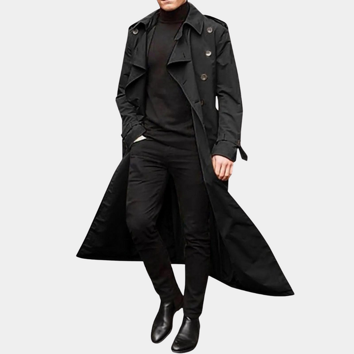 Men's long double-breasted trench coat with pointed collar and storm flap details