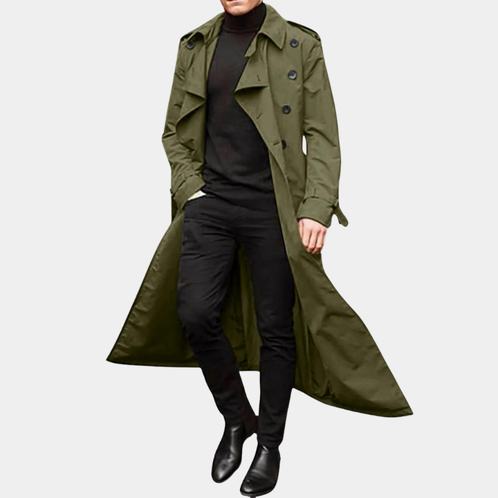 Men's long double-breasted trench coat with pointed collar and storm flap details