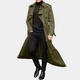 Men's long double-breasted trench coat with pointed collar and storm flap details