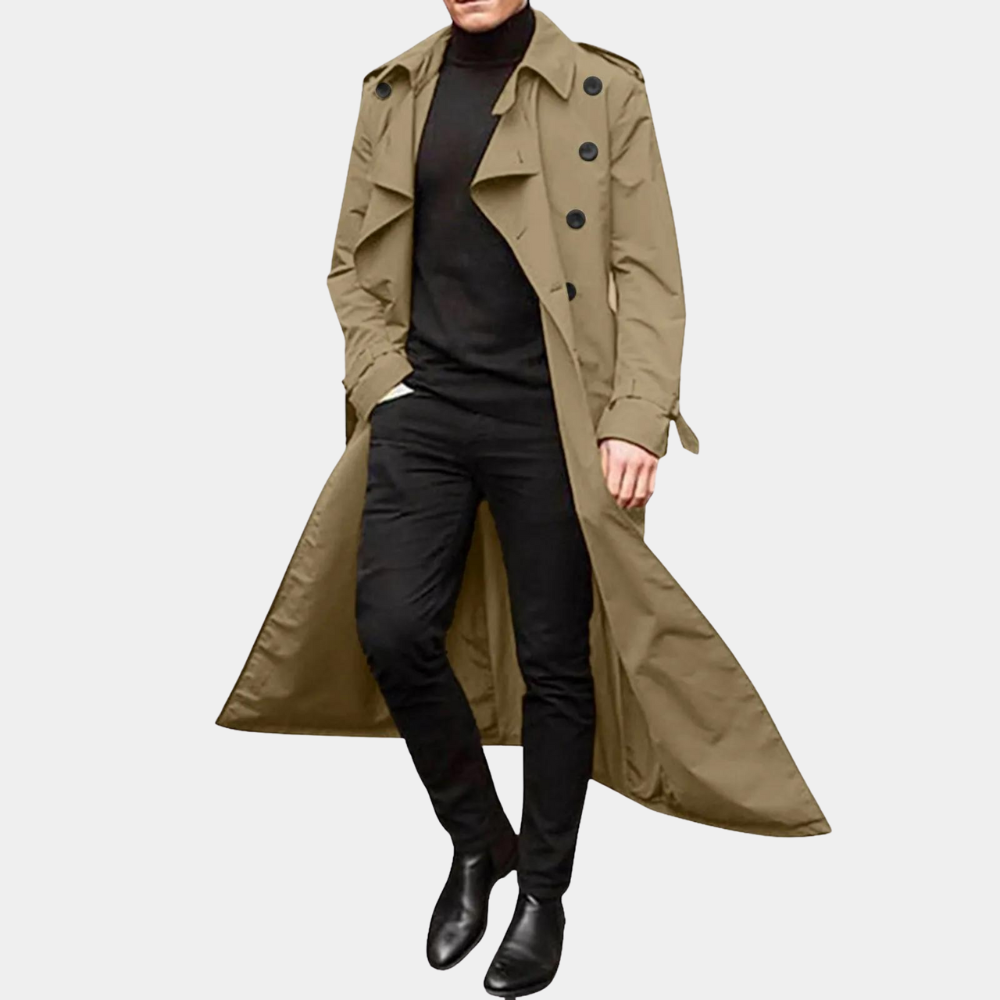 Men's long double-breasted trench coat with pointed collar and storm flap details