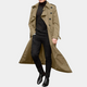 Men's long double-breasted trench coat with pointed collar and storm flap details
