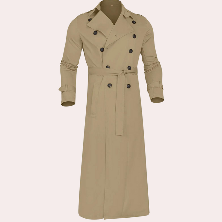 Men's long double-breasted trench coat with pointed collar and storm flap details