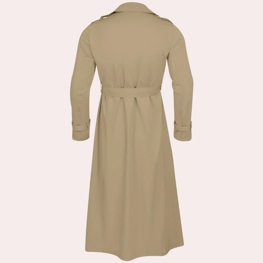 Men's long double-breasted trench coat with pointed collar and storm flap details