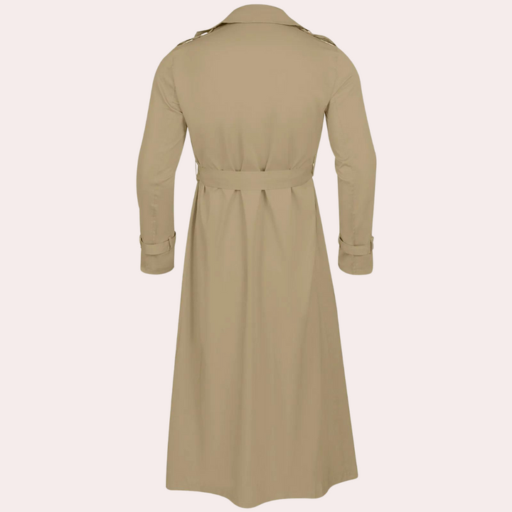 Men's long double-breasted trench coat with pointed collar and storm flap details