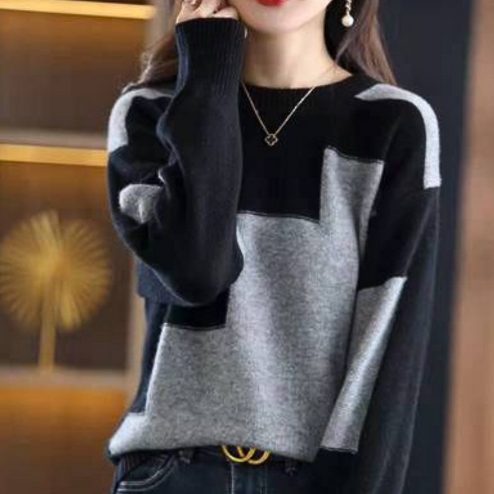 Women's color block crew neck jumper with long sleeves and relaxed fit