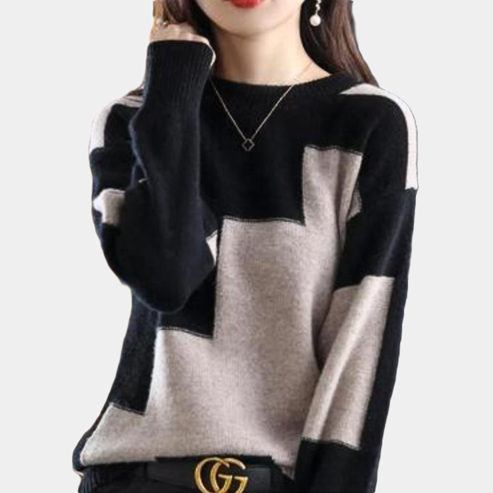 Women's color block crew neck jumper with long sleeves and relaxed fit