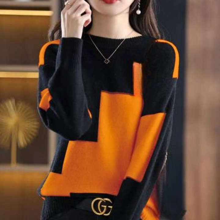 Women's color block crew neck jumper with long sleeves and relaxed fit