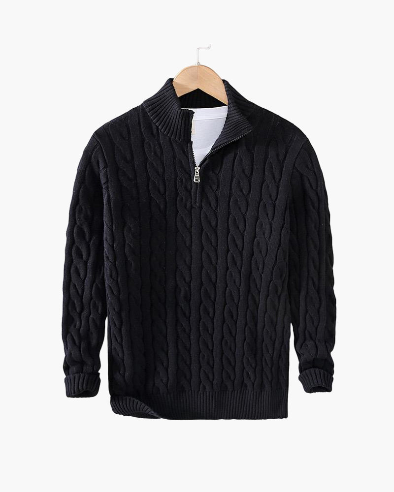 Men's cable knit quarter-zip sweater with mock neck and ribbed trims