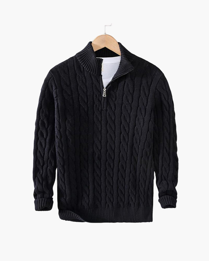 Men's cable knit quarter-zip sweater with mock neck and ribbed trims