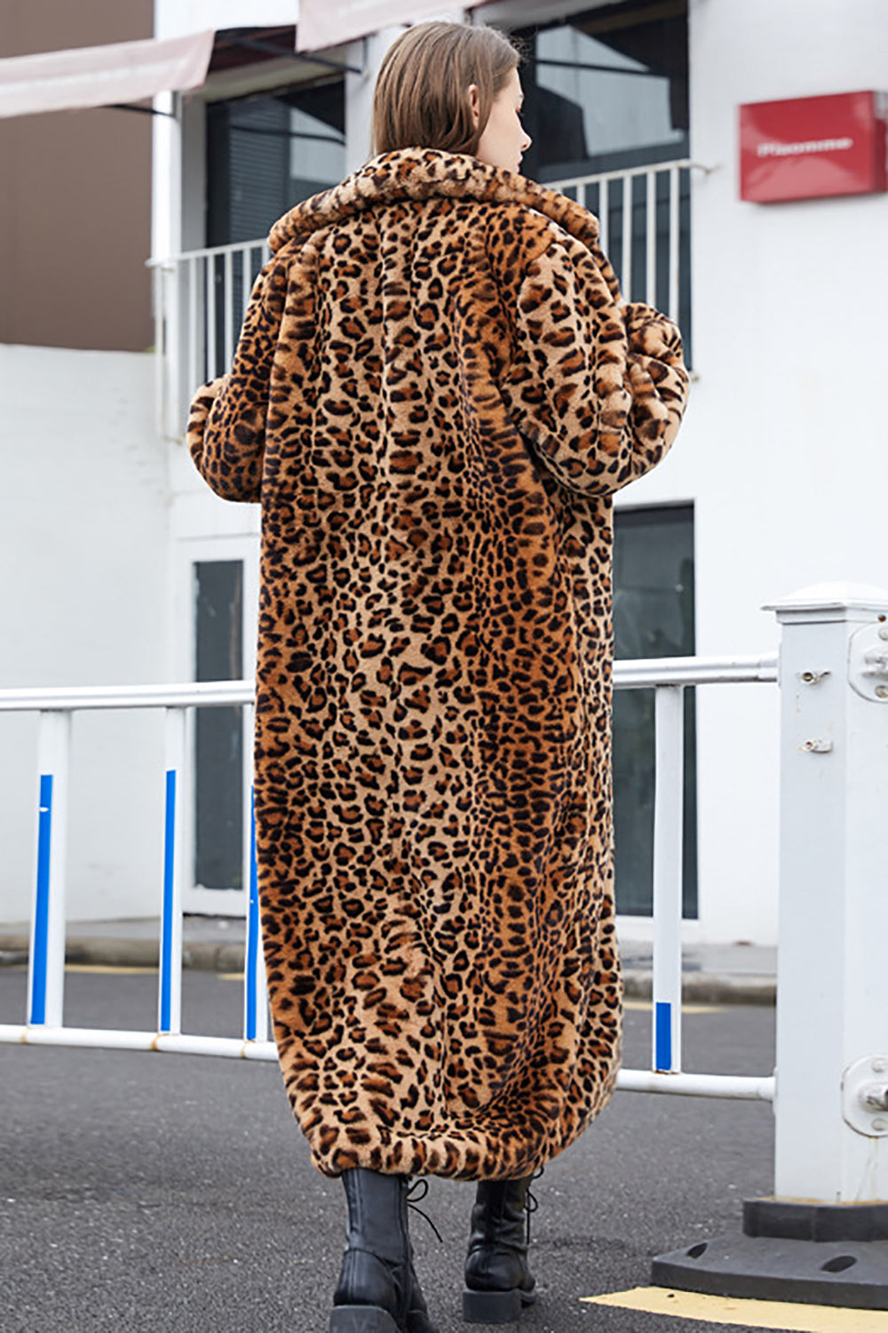 Women's brown leopard print faux fur long coat with notched lapels