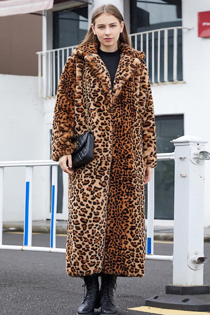 Women's brown leopard print faux fur long coat with notched lapels