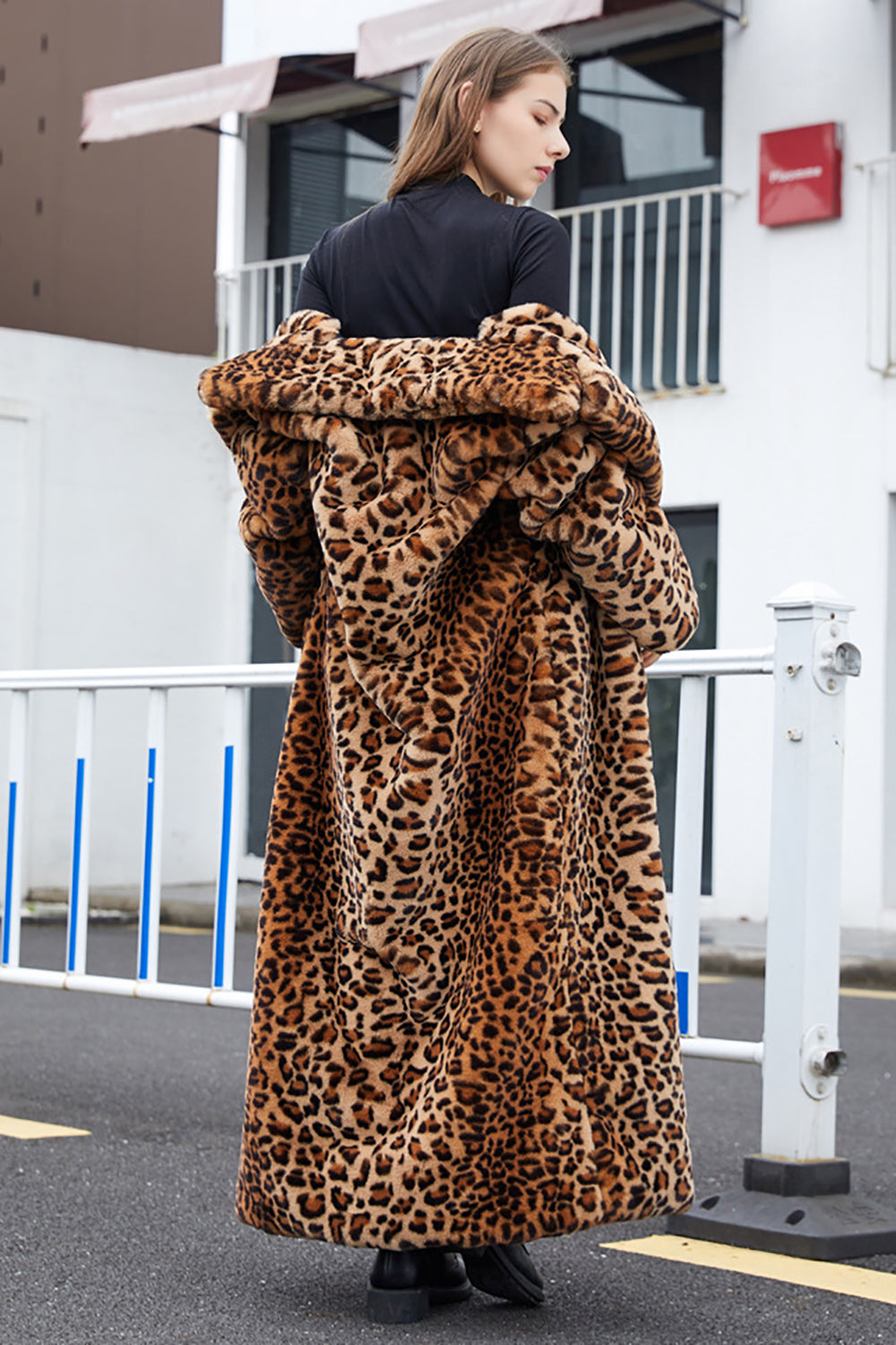 Women's brown leopard print faux fur long coat with notched lapels