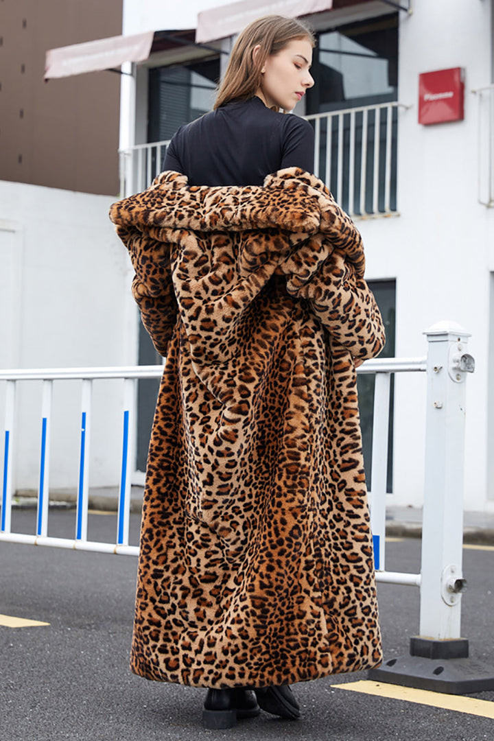 Women's brown leopard print faux fur long coat with notched lapels