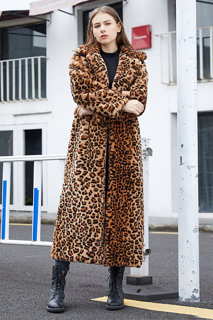 Women's brown leopard print faux fur long coat with notched lapels