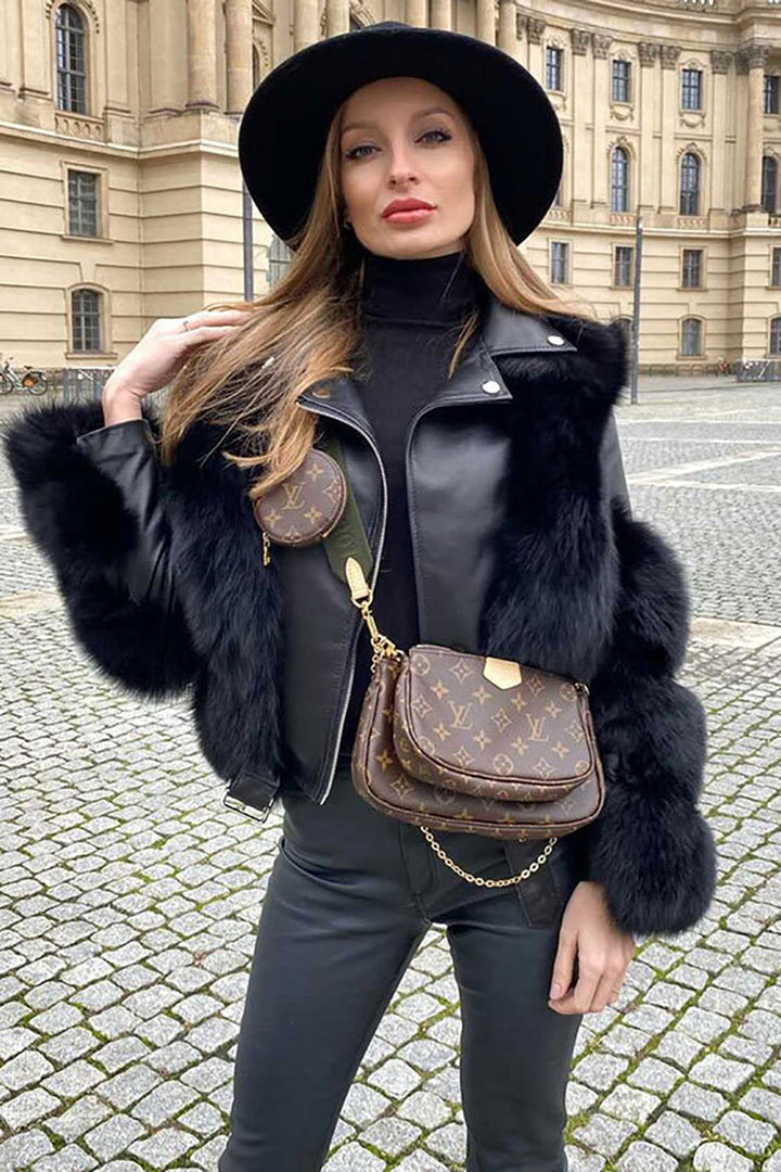 Women's black cropped jacket with faux fur trim and front zipper