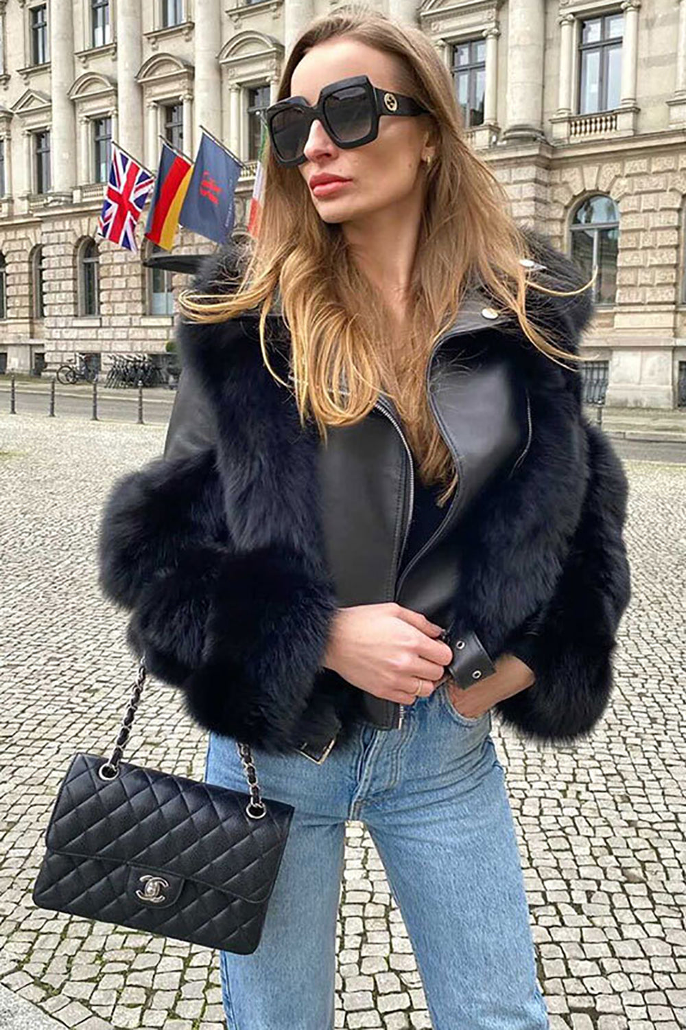 Women's black cropped jacket with faux fur trim and front zipper