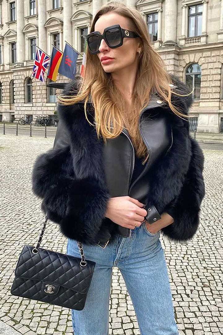 Women's black cropped jacket with faux fur trim and front zipper