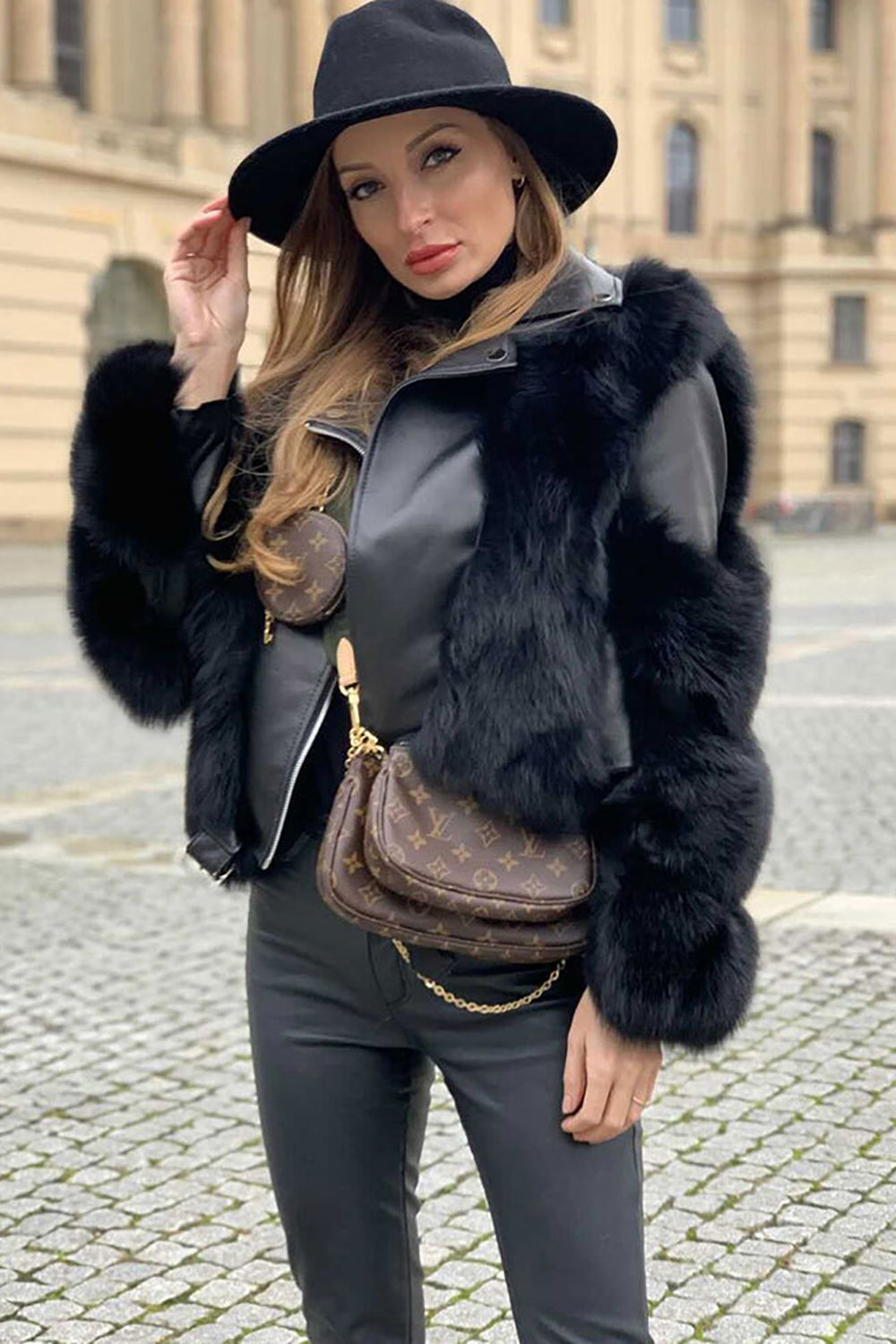 Women's black cropped jacket with faux fur trim and front zipper