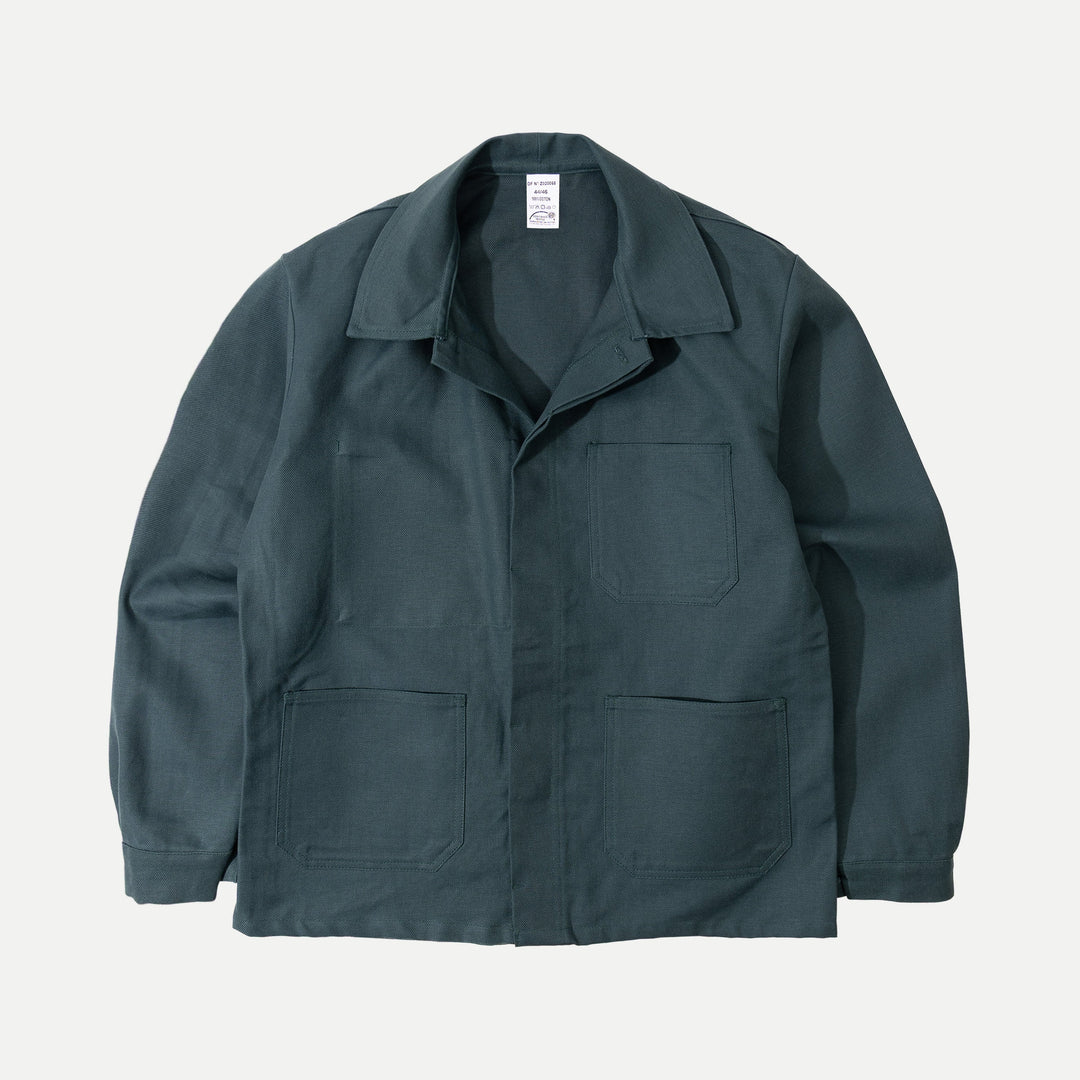 Men's dark green utility jacket with spread collar, button front and patch pockets