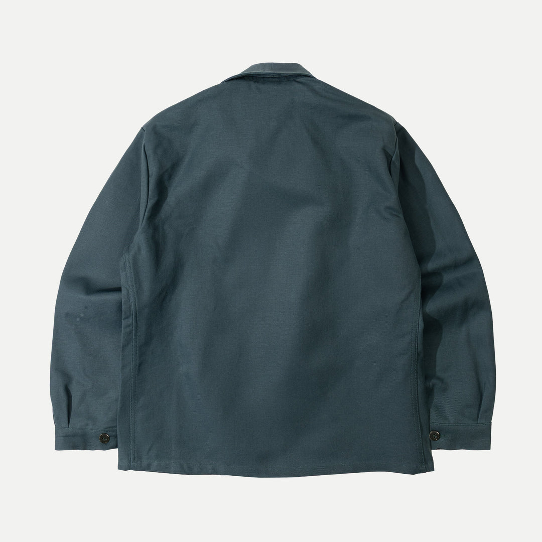 Men's dark green utility jacket with spread collar, button front and patch pockets