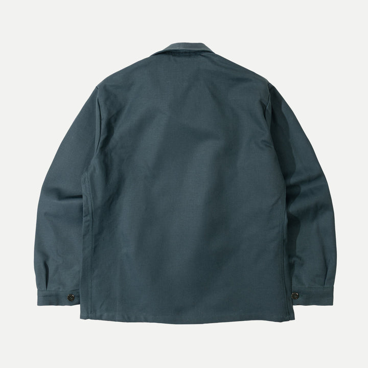 Men's dark green utility jacket with spread collar, button front and patch pockets